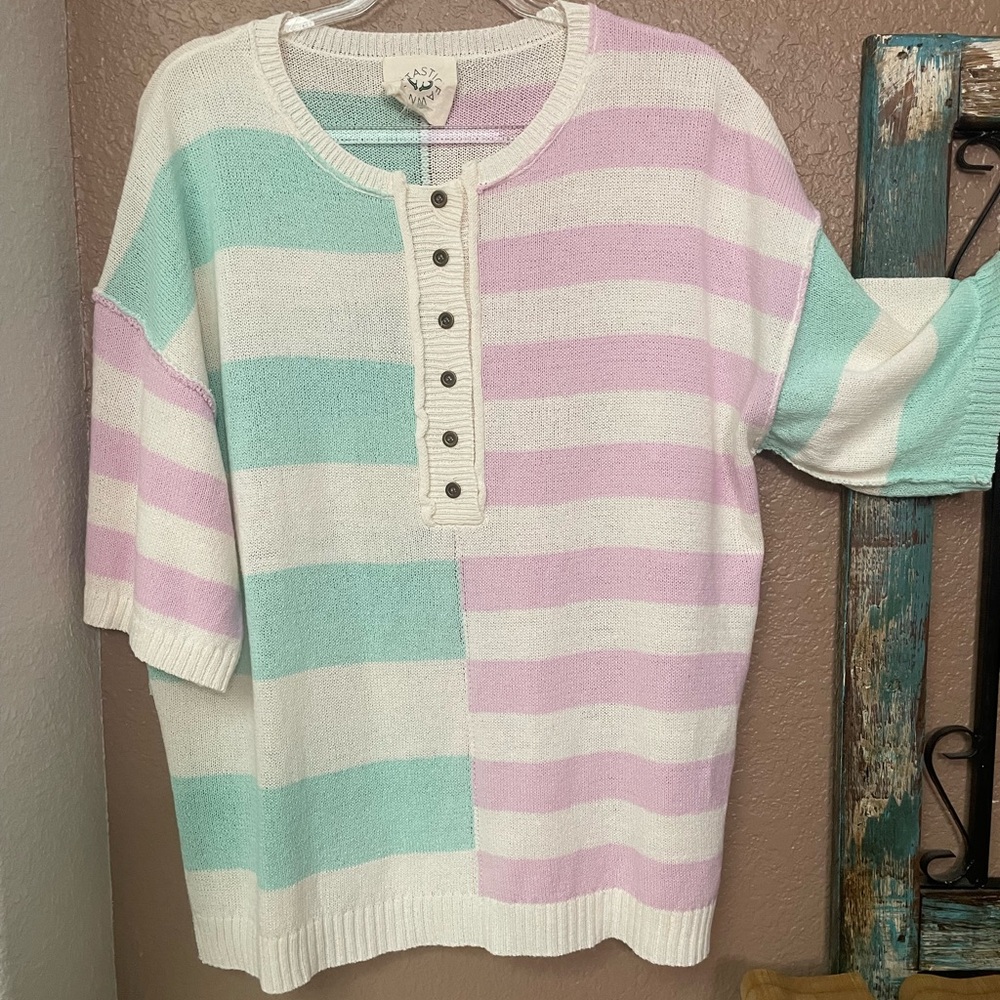 Fantastic Fawn Women's Striped Sweater in Cream, Pink, and Green